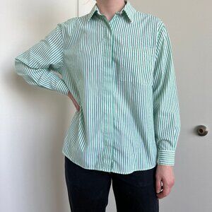 Green and White Striped Button Down Long Sleeved Collared Shirt